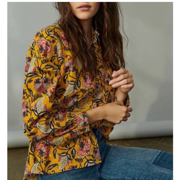 Pilcro Anthropologie Sigourney Corduroy Button-Down Shirt Yellow Floral Sml Boho - Picture 2 of 16